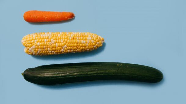Différentes tailles d'un membre masculin sur l'exemple des légumes